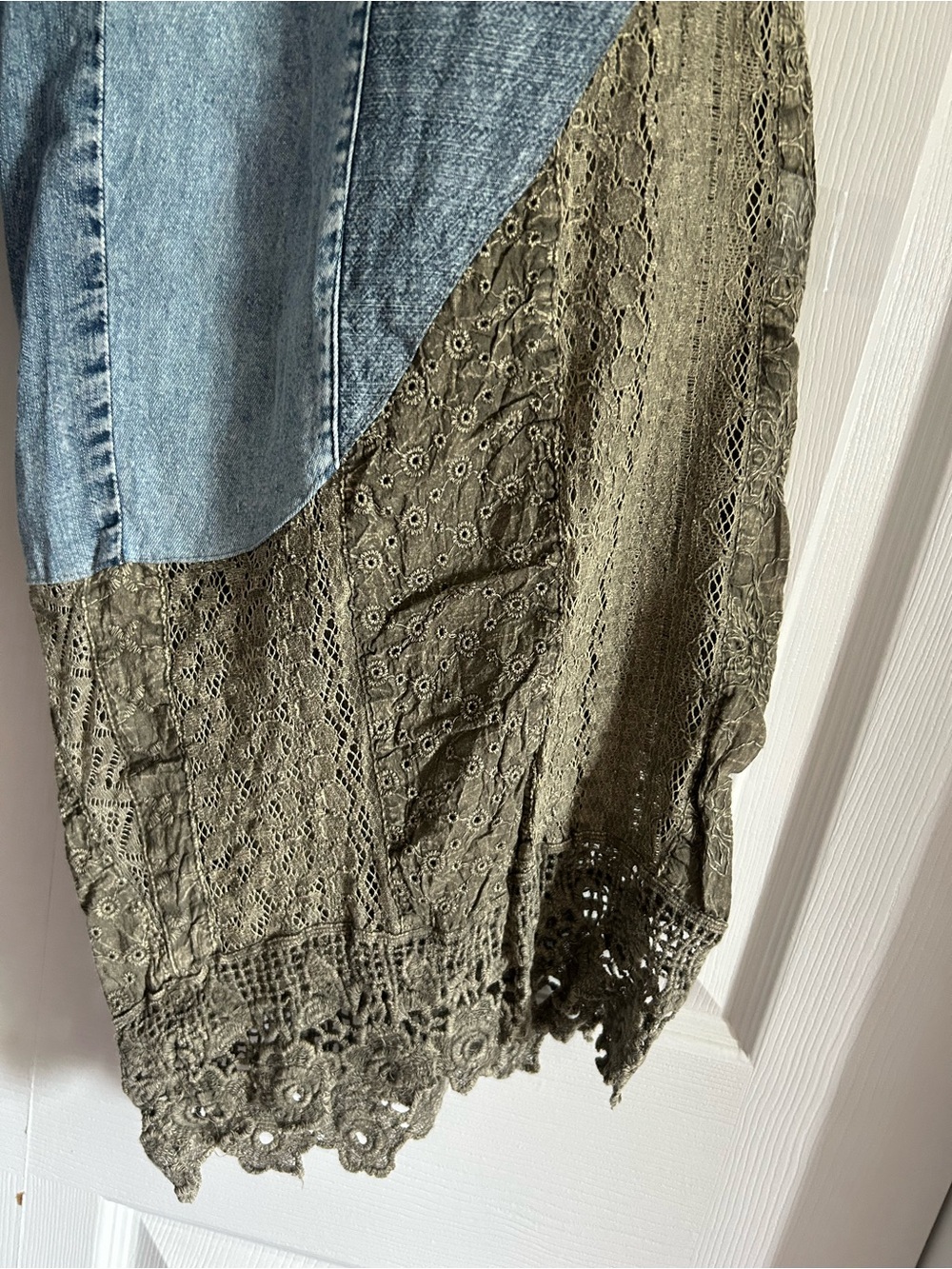 Wide Leg Pull-on Denim Pants with Olive Lace Hem - Picture 3 of 5